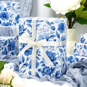 Original small-scale exclusive Chinoiserie blue blue-and-white porcelain style flower <b>pattern</b> coated <b>paper</b> packaging <b>paper</b> - Product Image 4