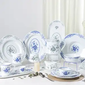 Vente en gros de vaisselle en porcelaine blanche Assiettes de restaurant Service de vaisselle Assiettes à dîner bleues et blanches Ensembles de vaisselle en gros