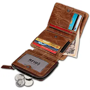 Wholesale Crazy horse leather men's wallet short RFID Blocking men zipper wallet with SIM card slots