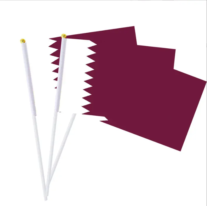 Custom Logo 14*21 cm Qatar polyester hand waving flag with plastic Pole for national flag