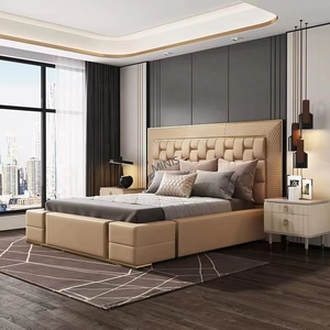 Meubles de chambre à coucher modernes en bois confortables de style chinois, lit king-size ou queen-size avec couleur personnalisée, en cuir véritable, avec tables de chevet - Product Image 3