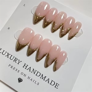 Venta al por Mayor de 10 <span class=keywords><strong>Uñas</strong></span> Postizas Francesas <span class=keywords><strong>Doradas</strong></span> Pintadas a Mano, <span class=keywords><strong>Uñas</strong></span> Acrílicas de Lujo Hechas a Mano de Alta Calidad - Product Image 1