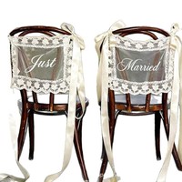 Chaise de mariage transfrontalière la plus vendue avec dossier en dentelle, décorations de table principale pour mariés, design « Just Married », Chine
