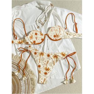 Conjunto de bikini tropical de 2 piezas para mujer FOXA, traje de baño bohemio con tirantes finos y ribete en contraste - Product Image 2