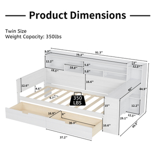 Wooden Twin Size Daybed with Storage Shelves, Multi-functional <b>Bed</b> with Two Storage Drawers and Study Desk, Antique White - Product Image 4