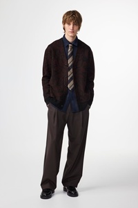 Designer <strong>Men's</strong> Paisley Flock Velvet Cardigan Sweater Bomber Style with Ribbed Trim Jacquard Knit <strong>Jumper</strong> in Burgundy and <strong>Black</strong> - Product Image 5