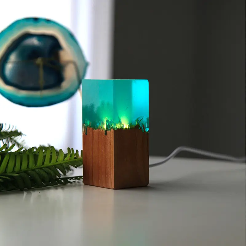 Unique Epoxy lamp Resin Wood Desk Table Small Night Lamp Bedside Unique Lamps with USB Charger for Bedroom Office Hallways