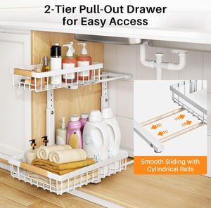 Étagère de rangement sous évier à 2 niveaux en métal, organisateur de salle de bain coulissant avec poignée en bois, étagère de rangement en fer - Product Image 2