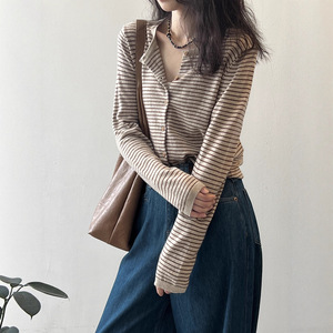 Nouveau cardigan tricoté rayé automne-hiver pour femme, pull fin à col rond et manches longues, design original et tendance - Product Image 2