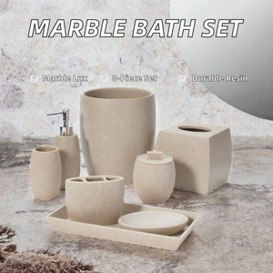 Ensemble d'accessoires de salle de bain 8 pièces en résine élégante et écologique, effet marbre : distributeur de savon, gobelet, plateau, porte-brosse à dents - Hôtel - Product Image 2