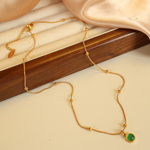 French Retro Green Glass Pendant Necklace 18k Gold Plated <b>Titanium</b> Steel Clavicle <b>Chain</b> Stackable Fashion Jewelry - Product Image 3