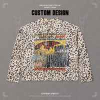 Haut à manches longues en coton gaufré pour homme, imprimé léopard, coupe ample à épaules tombantes, col rond, style rétro streetwear, automne