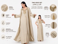 Ensemble Abaya ouvert en polyester deux pièces avec broderie perlée exquise et détails à pompons pour l'Aïd, les mariages et les réceptions
