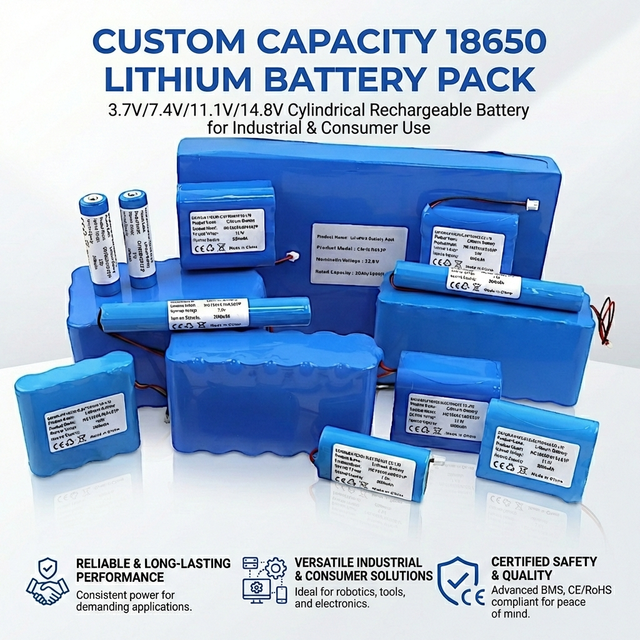 Custom Capacity 18650 Lithium Battery Pack 3.7V/7.4V/11.1V/14.8V Cylindrical Rechargeable Battery for Industrial & Consumer Use