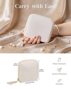 Beige PU Leather Jewelry Case Zipper Portable Storage Organizer Foldable Travel Necklace Ring Earring <b>Holder</b> - Product Image 2