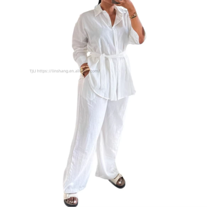 Women's Belted Shirt & Wide Leg <b>Pants</b> Set Long Sleeve Button-<b>Down</b> 2 Piece Outfit Fashion - Product Image 1