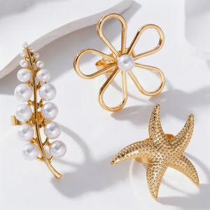 Juego de 3 Anillos Abiertos de Aleación Chapados en Oro de 14K con Perlas, Flores, Estrellas de Mar y Hojas, Joyería de Playa Ajustable y Bonita para Mujer - Product Image 1