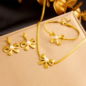 Gold Plated Bowknot Pearl Jewelry <b>Set</b> Stainless Steel Chain Necklace Earrings <b>Bracelet</b> Party Fashion Accessories - Product Image 1