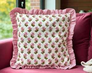 Indian Block Print Cotton <b>Frill</b> <b>Cushion</b> Cover: Bohemian Floral Pillow - Product Image 2