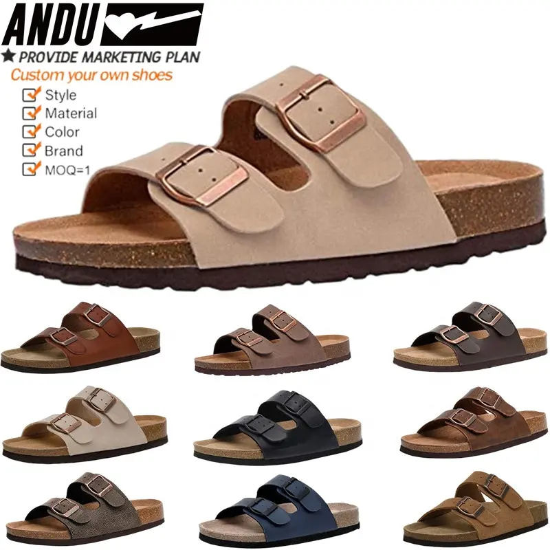 ANDU Men Brown Leather Sandal All Season Cork Sole Slipper Outdoor Adjustable Buckle Double Strap Sandals Birken Custom Logo