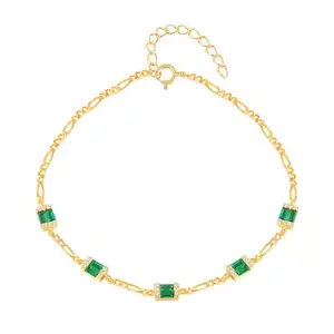 新款2024银925精品珠宝18k镀金精致祖母绿切割绿色锆石魅力手链