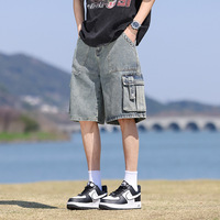 Shorts en jean tricoté respirant pour homme – Coupe droite décontractée, style workwear, en nylon et coton, taille mi-haute – Idéal pour l'été