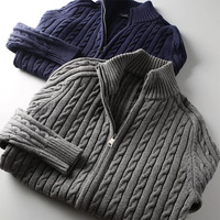 Cardigan en maille torsadée épaisse pour homme, col montant, couleur unie, fermeture éclair, chaud, style décontracté chic, pour l'automne et l'hiver
