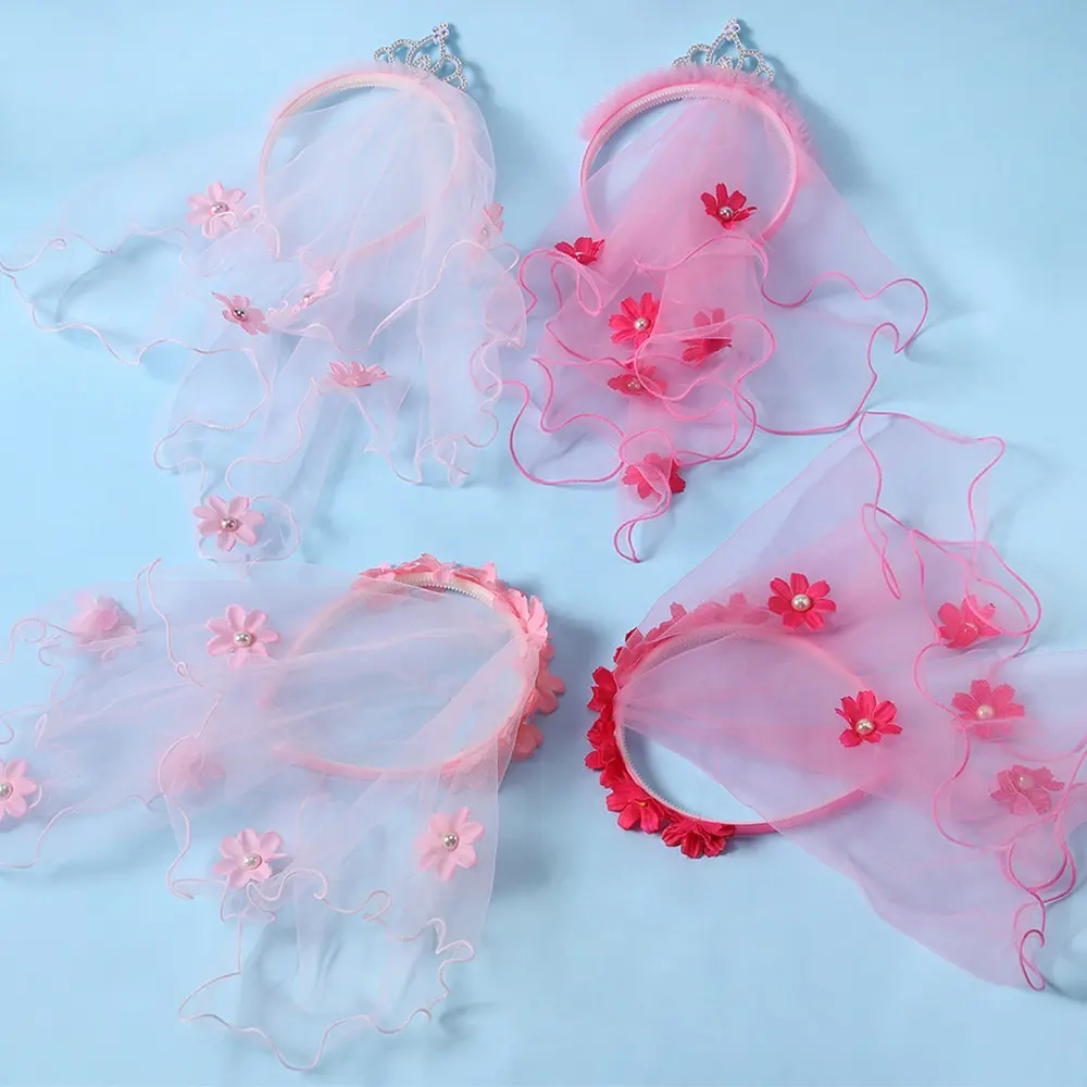 Bandeau couronne courte voile de princesse pour filles Voile cravate rose Accessoires photo