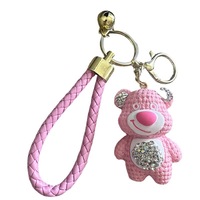 Porte-clés Ours Fraise en Résine 3D Incrusté de Diamants, Mignon et Tendance, pour Voiture, Sac d'École, Pendentif Étudiant, Couple
