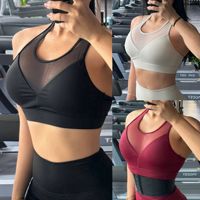 Soutien-gorge de sport transfrontalier européen et américain pour femme, en maille avec empiècements en dentelle, bretelles en Y, Spandex/Nylon, fermeture avant