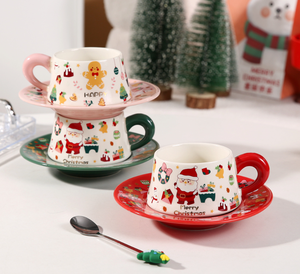 Christmas Ceramic Cup and Saucer Set with Santa Claus Cartoon Design, Red and Pink Handles, Holiday <b>Drinkware</b> for Coffee or Tea - Product Image 3