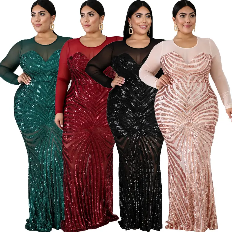 Ladies Sexy Translucent Sequin Maxi Long Dress Hot Sale Plus Size Dress Cocktail Elegant Party Evening Dresses For Fat Women