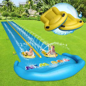 Toboggan aquatique double piste de 10 m avec arroseur et radeaux gonflables pour les courses de jardin des enfants - Product Image 1