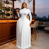 Robe de soirée longue plissée taille haute coupe ajustée à manches longues et col montant en maille imprimée à pois, élégante et chic pour femme