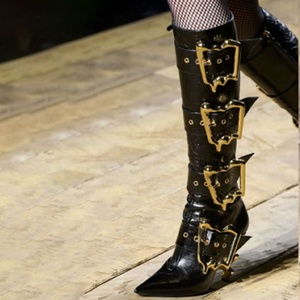 Strange Custom Heels Gold Metal Buckles Women <b>Knee</b> <b>High</b> Boots Side Zipper Stage <b>High</b> Heels Shoes Dress Black Short Booties - Product Image 5