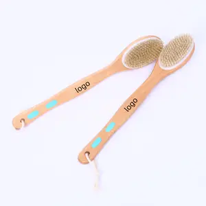 Dual Side Wooden Skin Scrub Exfoliating Scrubber Bath Brush Long Handle Back Shower Body Brush with with Soft and Stiff Bristles