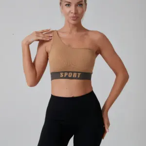 Conjunto de fitness de gimnasio de cintura alta para mujer-Sujetador deportivo de Yoga de un solo hombro y mallas ajustadas para entrenamiento y Deportes