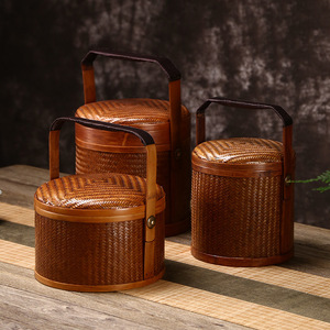 Bamboo woven retro <b>basket</b>, bamboo packaging box, Chinese retro souvenir <b>storage</b> box, multi-layer food container <b>basket</b> - Product Image 1