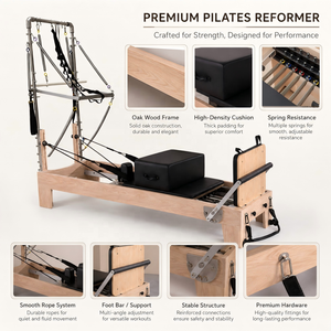 Reformer de Pilates en bois de chêne personnalisé avec tour demi-hauteur en alliage d'aluminium stable pour l'entraînement corporel - Product Image 3
