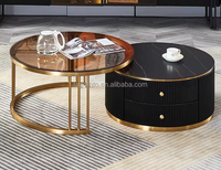 Ensemble de tables basses gigognes de salon avec structure métallique, tables d'appoint rondes de luxe, table d'appoint moderne en verre avec tiroir