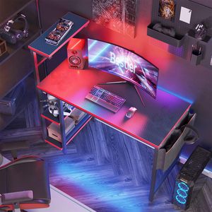 Bureau de jeu moderne en métal avec étagères de rangement et éclairage LED, finition noire, table de travail multifonctionnelle pour ordinateur - Product Image 6