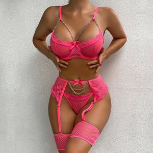 Erotisch Ondergoed Senior Sexy Erotisch Ondergoed Set Bh Kousenband Thong Zijden Ketting Boog Kousenband Sexy Vrouwen Lingerie Set - Product Image 3
