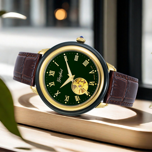 Reloj de Pareja de Jade de Lujo en Oferta, Esfera Verde, Bisel Dorado, Correa de Cuero, Mecánico Automático - Product Image 4