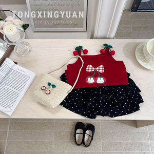 Tongxingyuan Girls Summer Sleeveless Top Polka Dot Skirt Set Cherry Print Cotton Outfit - Product Image 1