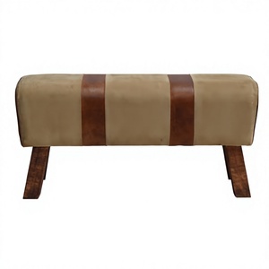 Pouf ottoman moderne en tissu rembourré avec pieds en bois, design contemporain, mobilier de maison, siège rayé beige et marron - Product Image 2