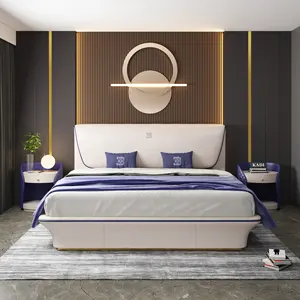 Grande placa de cabeça moderna quarto mobília cama de couro moderno minimalista queen royal king tamanho cama com tabelas laterais
