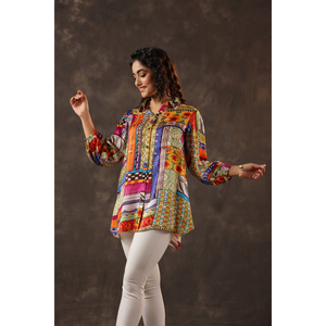 Buy Multicolor <b>Patchwork</b> Print Button Front Tunic <b>Shirt</b> Relaxed Fit Balloon Sleeve Designer Fashion Dress - Product Image 1