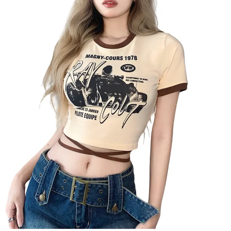 2024 verano Vintage mujer logotipo personalizado camisetas de alta calidad Algodón poliéster moda Slim Short Crop Tops niñas al por mayor