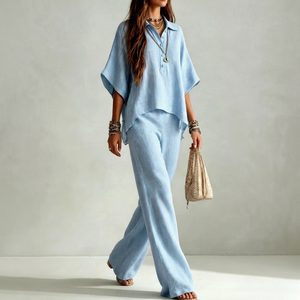 Ensemble deux pièces pour femmes, bleu clair uni, col rabattu, haut boutonné, pantalon large, tenue d'été décontractée - Product Image 1