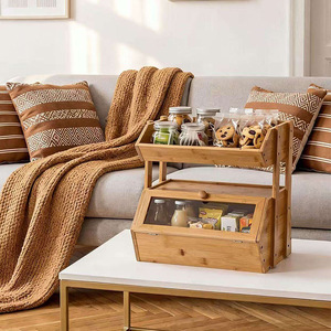 Boîte à pain en bambou à double couche avec porte transparente, support de rangement pour fruits et pain de cuisine - Product Image 2